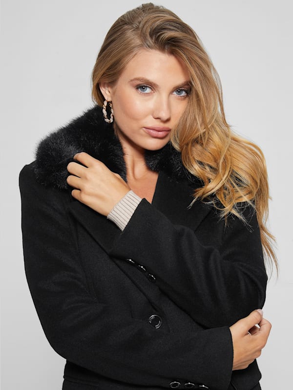 Guess Double Breasted Button Front Fit and Flare Faux Fur Collared Coat, Womens, M, Black