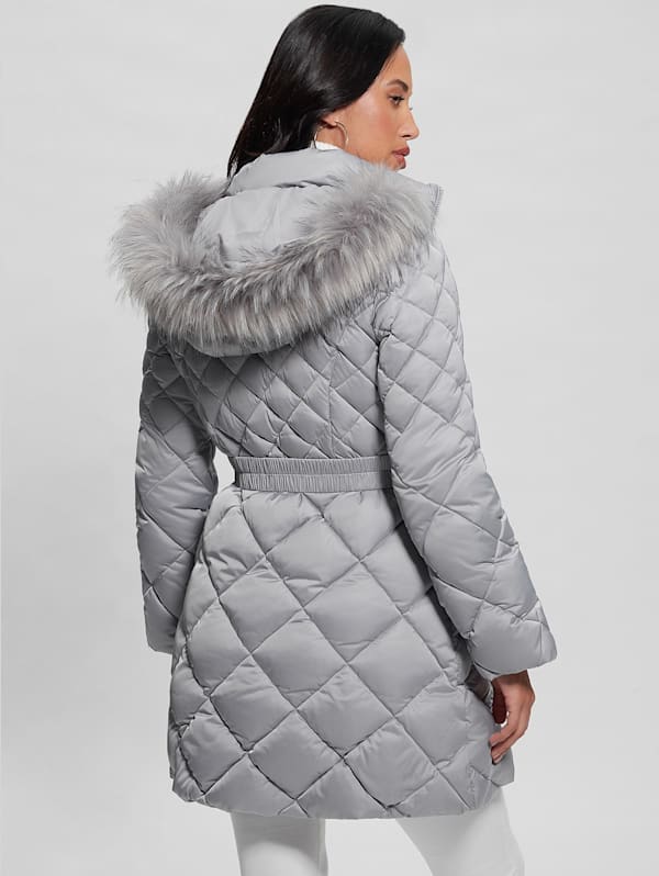 Guess women's hooded quilted puffer jacket with removable faux fur trim online