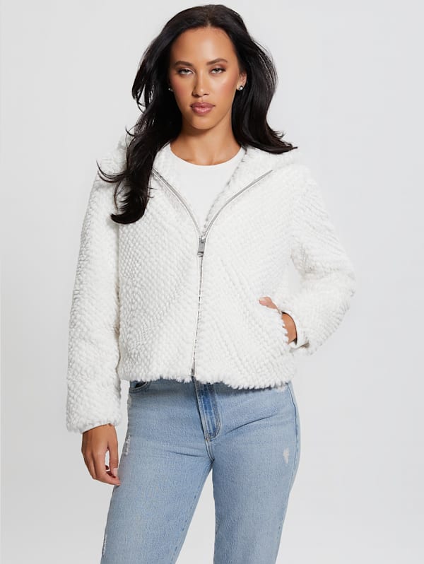 Guess white fur jacket store