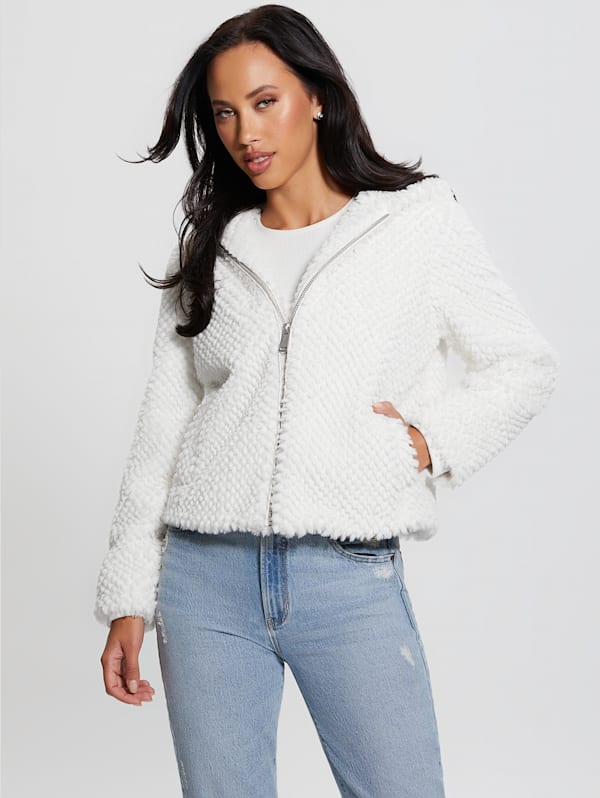 Guess white fur jacket deals