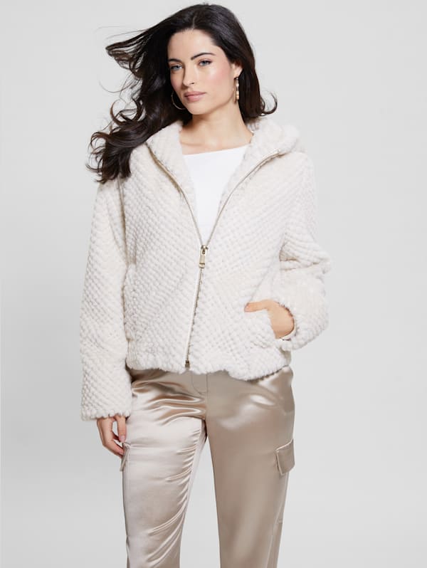 Guess white fur jacket store
