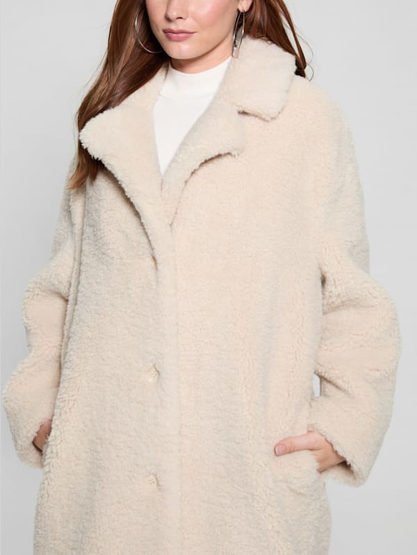 GUESS Eco Alina Teddy Longline Coat Pearl Oyster M