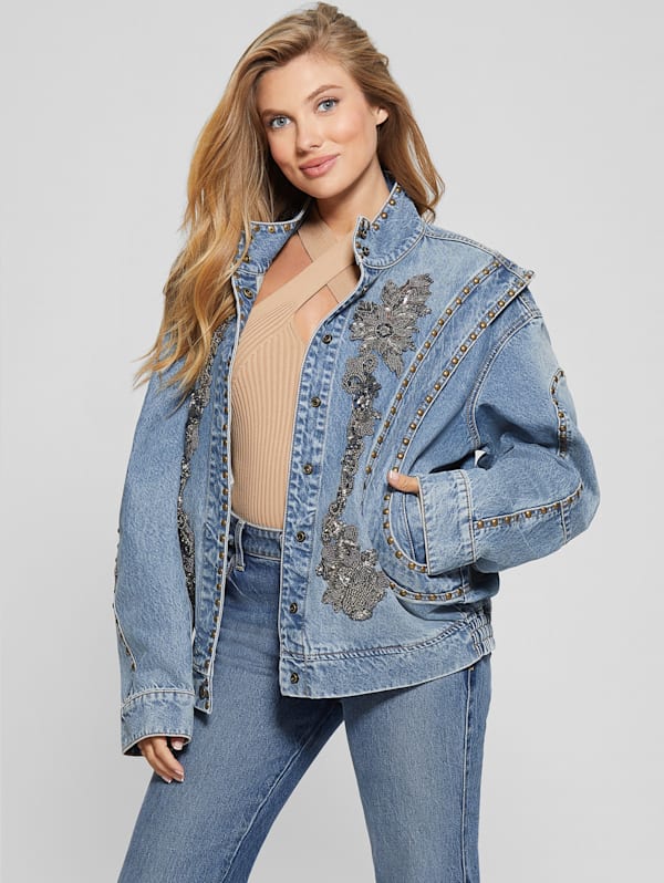 Oversized Geo Laser Print Denim Jackets