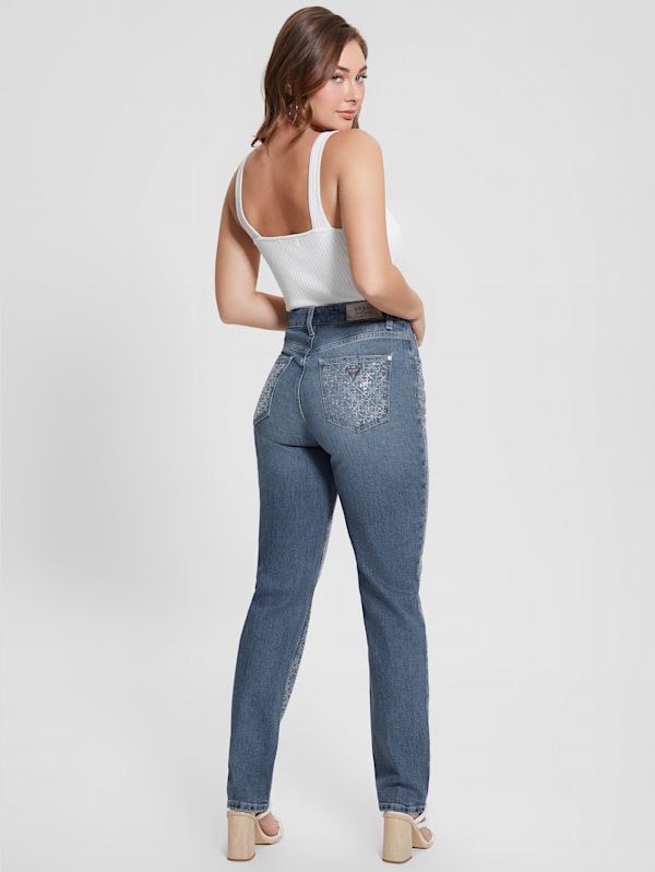 Guess Rhinestone Quattro G Mom Jeans - Blue - 26