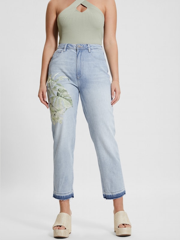 Eco Satin Artwork Denim Mom Jeans GUESS Canada