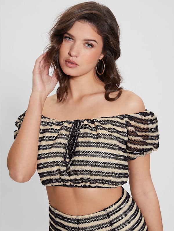 Black Printed Mesh Bandeau, Tops