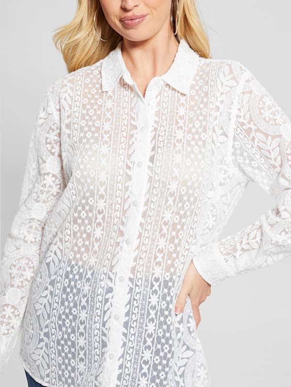 GUESS Deloris Embroidered Top White XS