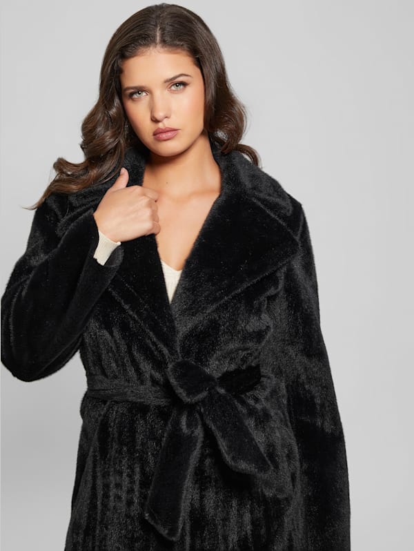 Black longline fur coat on sale