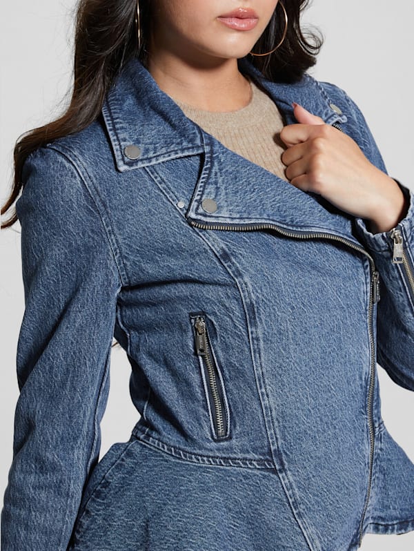 GUESS Eco Mac Denim Peplum Moto Jacket Blue S
