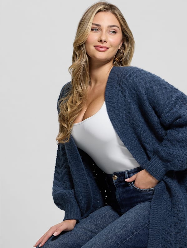 Guess Eco Valeria Mixed Stitch Cardigan, Blue (Xs-S) - Longline Fit, Wool-Blend, Mixed Stitches, Long Sleeves, Ribbed Trim, Open Front Guess Eco Valeria Mixed Stitch Cardigan, Blue (Xs-S) - Longline Fit, Wool-Blend, Mixed Stitches, Long Sleeves, Ribbed Trim, Open Front