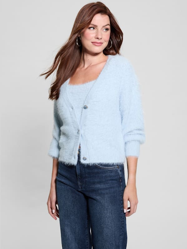 Blue fuzzy cardigan shop