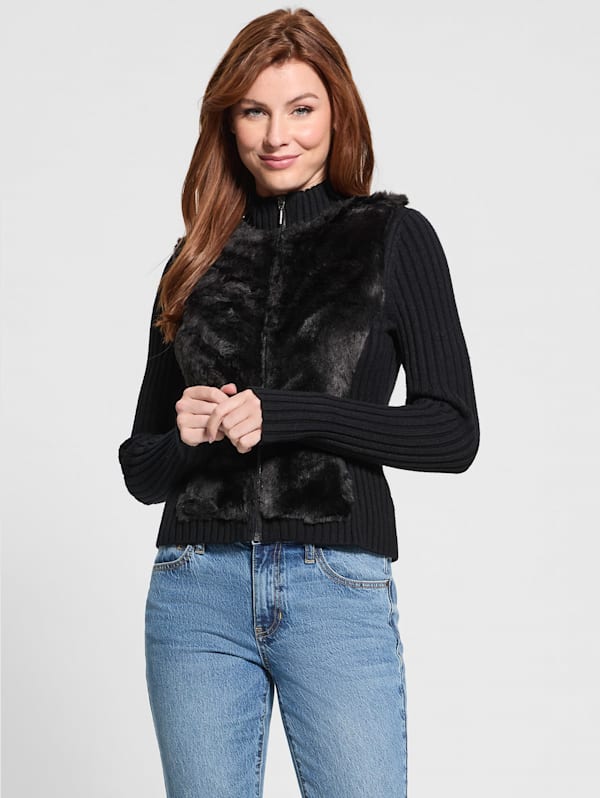 Black faux fur cardigan online