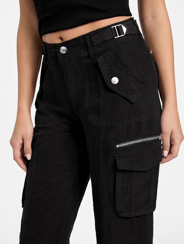 GUESS Nessi Linen Cargo Pants Black 26