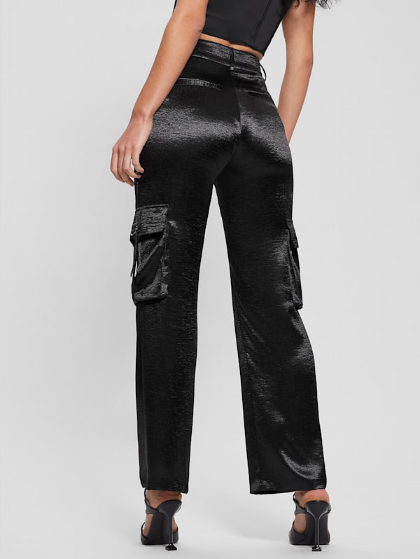 Black satin cargo pants discount