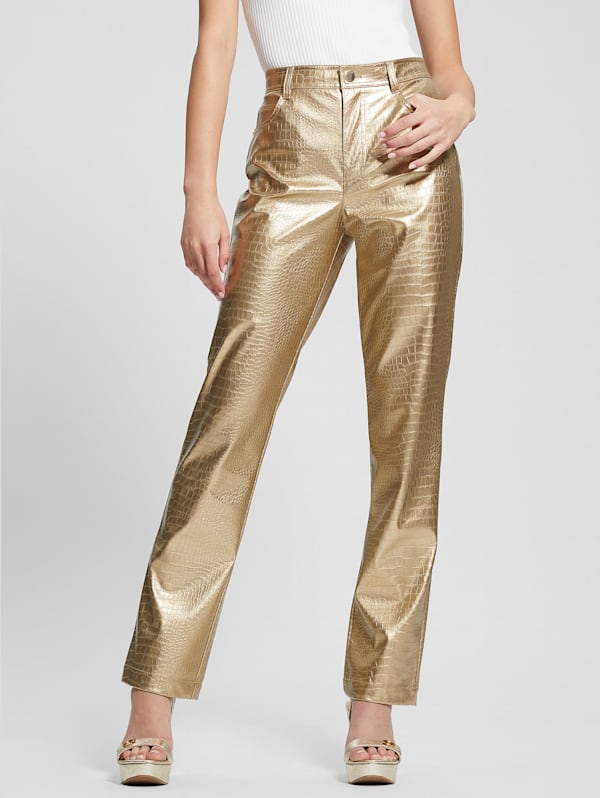 Recycled faux leather trousers, length 27.5, white/gold-coloured