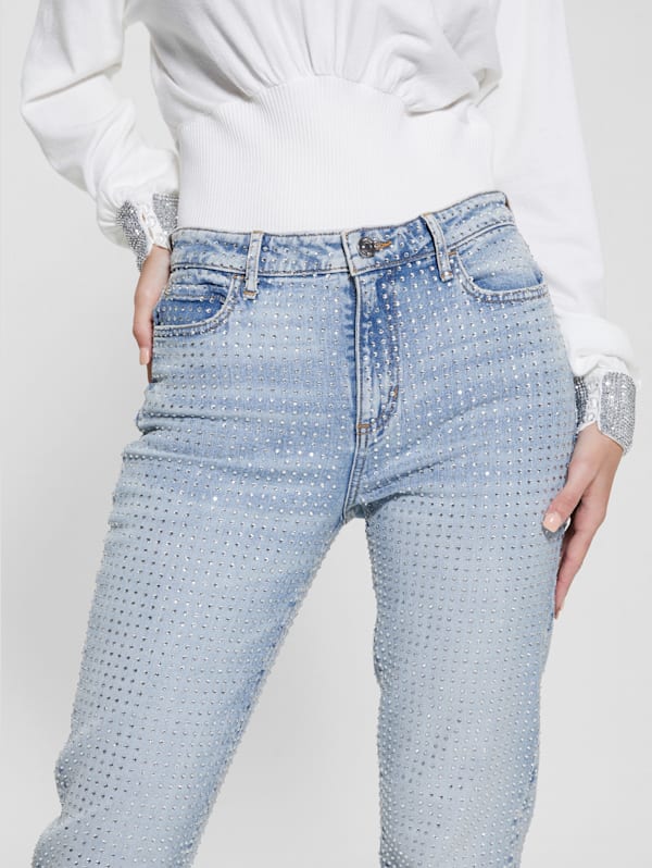 Guess Women's Rhinestone-Embellished Straight-Leg Denim Jeans