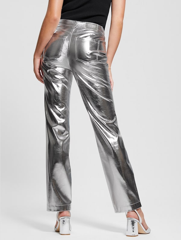 Silver faux leather pants sales