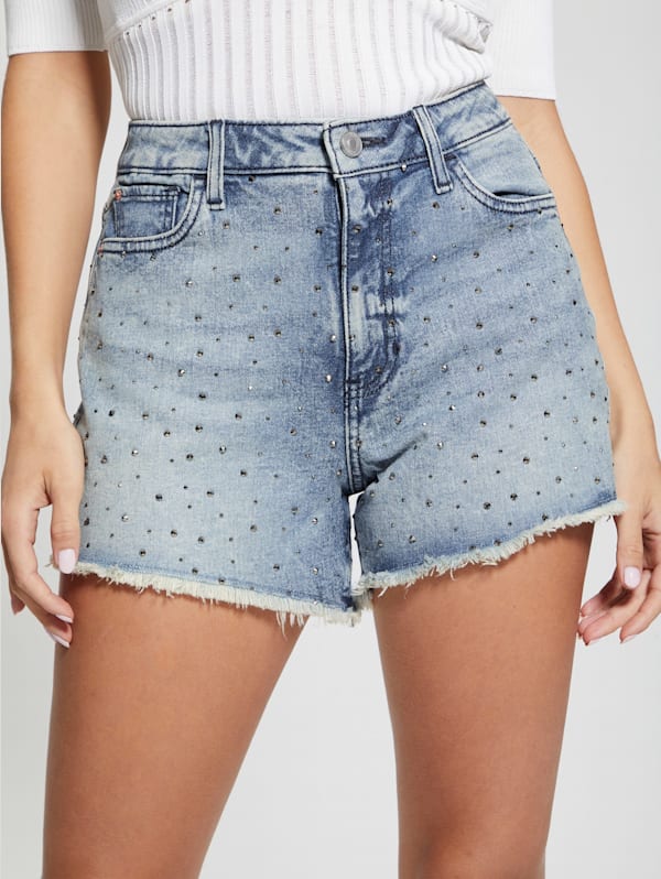 Women's Denim Shorts Jean Hot Pants Rhinestone Slit High Waist