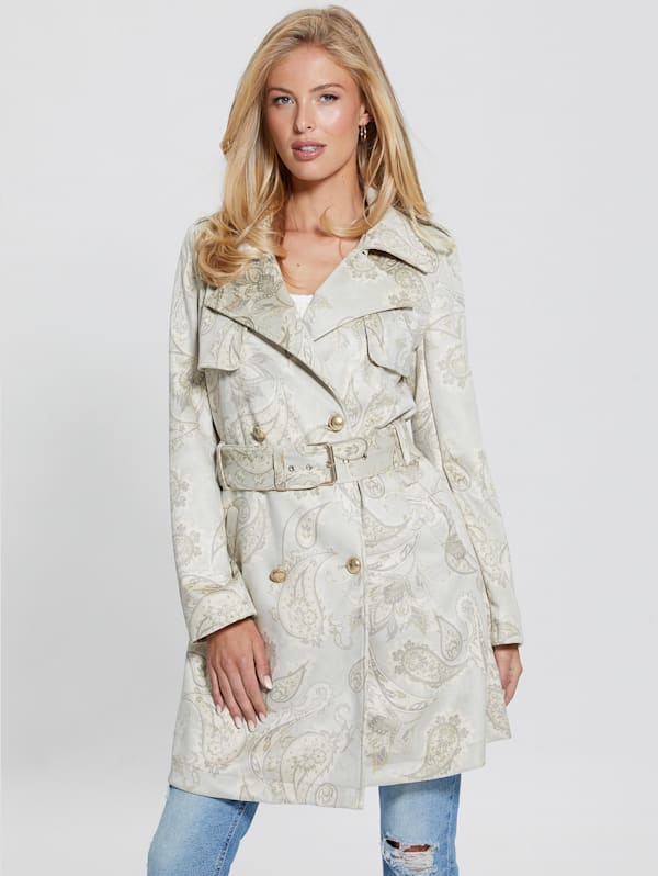 GUESS Vilma Faux suede Trench Coat Natural Paisley Multi L