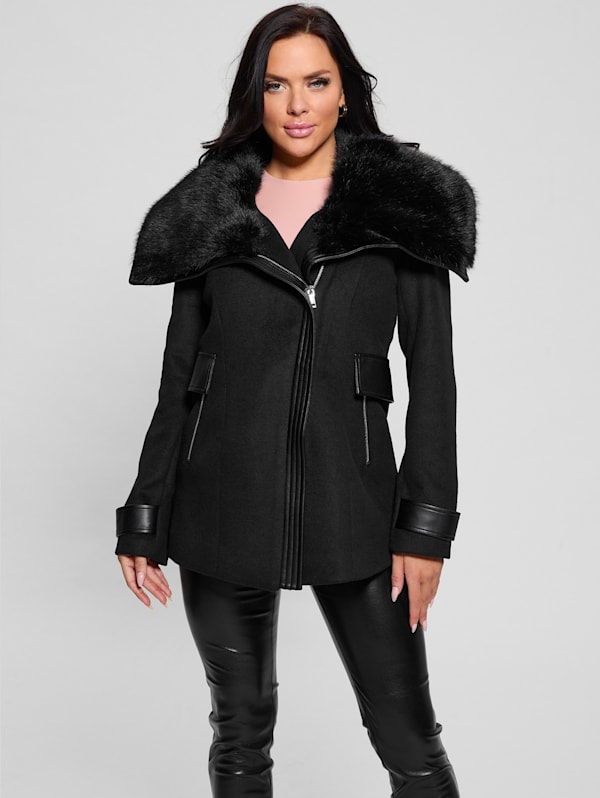 Guess leather jacket with faux fur collar shop