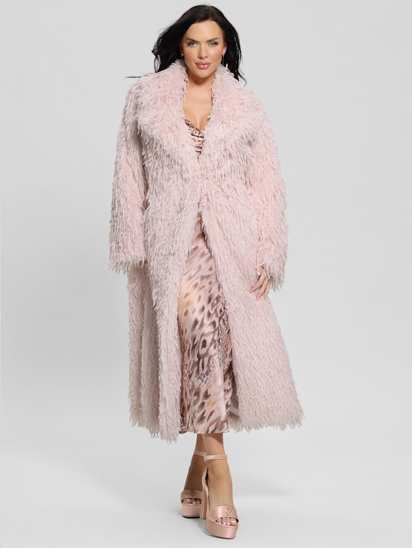 Pale pink faux fur longline coat cheap