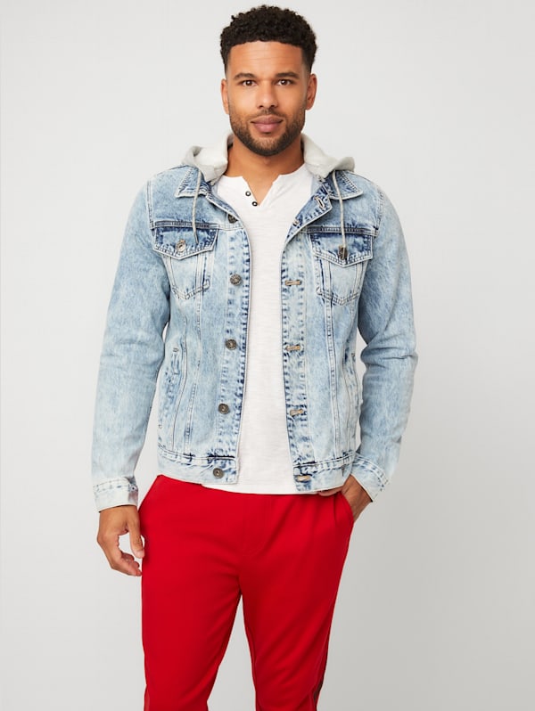Red hoodie with jean jacket store