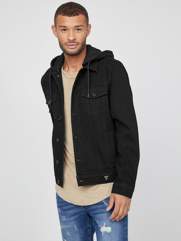 Guess black denim jacket deals