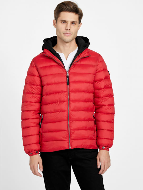 Guess red puffer jacket deals
