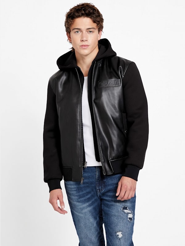 Guess leather jacket sale with removable hood