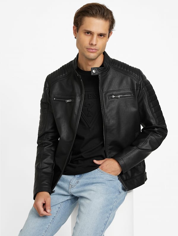 David Faux Leather Hooded Jacket GUESS Factory