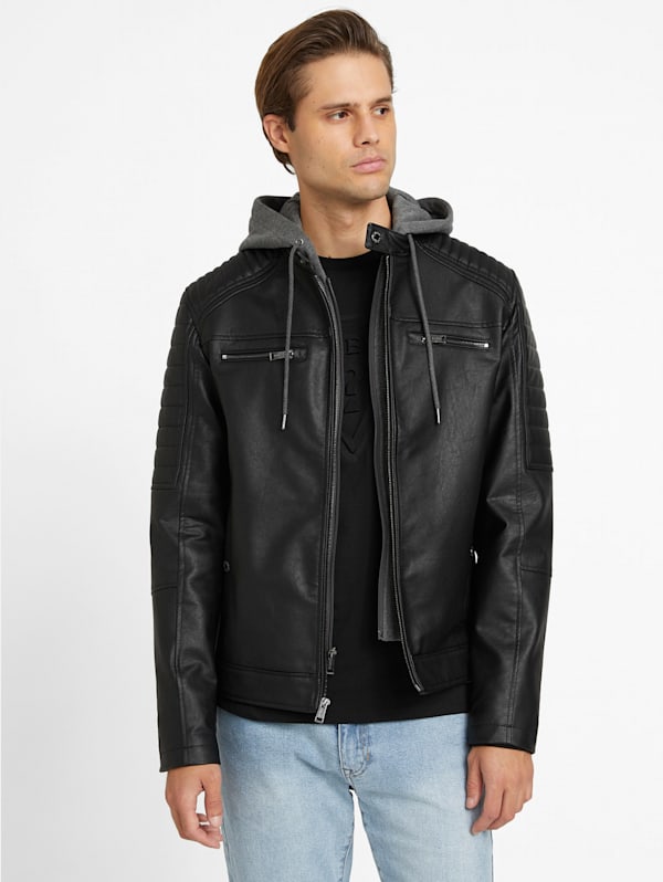 David Faux Leather Hooded Jacket GUESS Factory