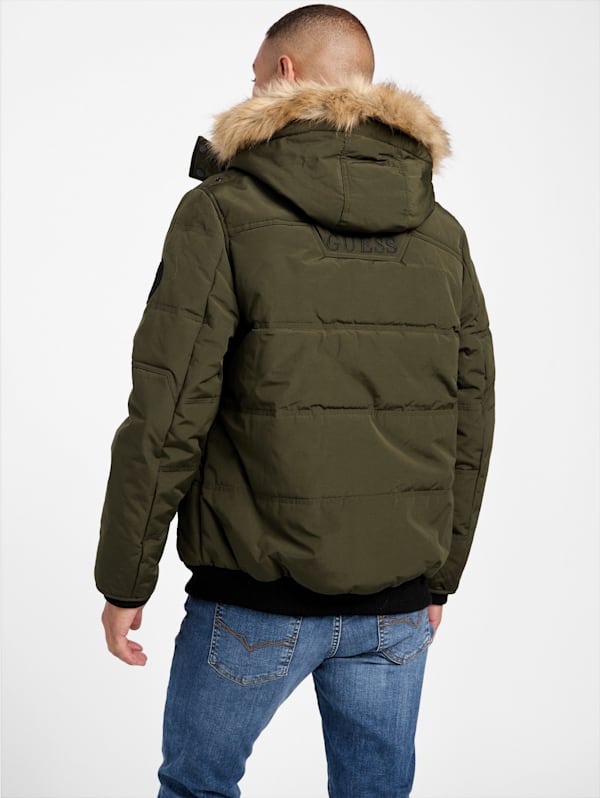 Guess women's hooded quilted puffer jacket with removable faux fur trim discount