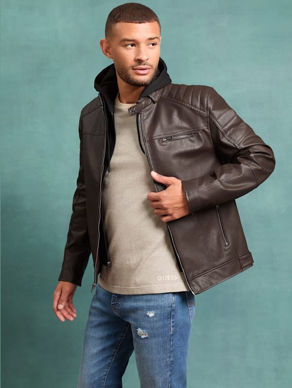 Davino Faux Leather Hooded Moto Jacket GUESS Factory Ca