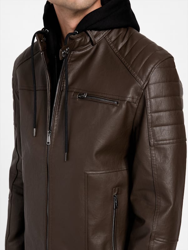 Guess men's faux leather hooded moto jacket 2025