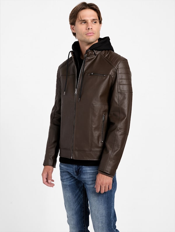 Guess men's faux leather hooded moto jacket 2025