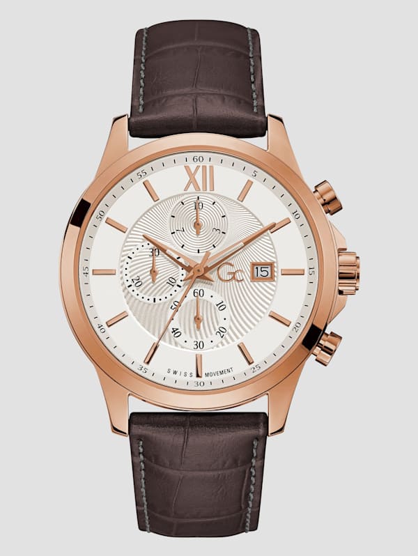 Gc Rose Gold Tone and White Leather Chronograph Watch GUESS