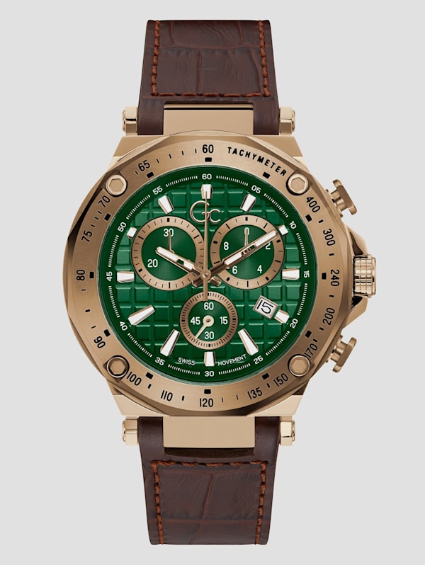 Gc Gold Tone and Brown Leather Chronograph Watch