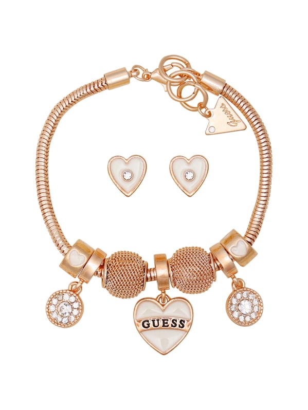 【国際ブランド】 Rose Gold-Tone Set Box Earrings and Bracelet Charm Heart ゲス