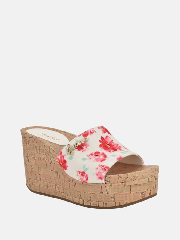 【COLOR iN ID】Crocker Sandal Wedge Mule Fours Floral Cork Wedge Mules | GUESS Factory