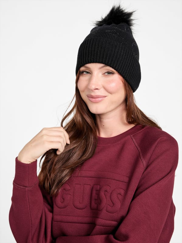 Rhinestone Logo Pom Pom Beanie | GUESS Factory