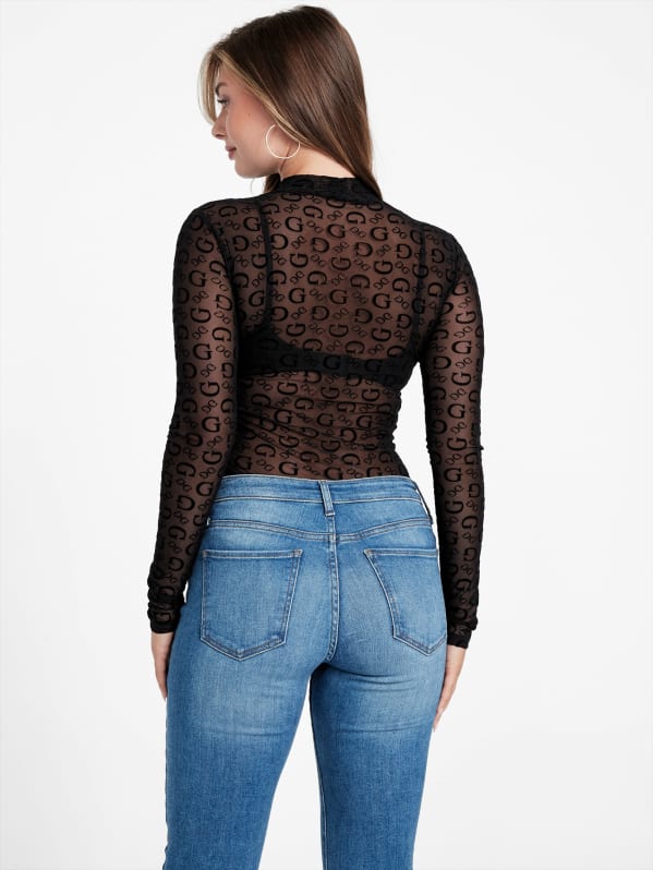 Women's See Through Long Sleeve Mesh Blouse Pearl Crop Top