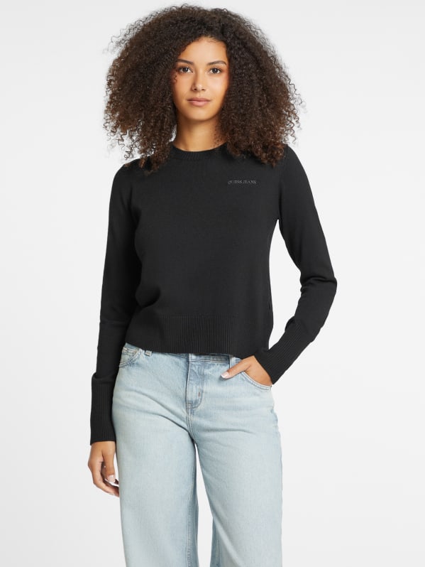 Silk and Wool-Blend Crew Logo Sweater | GUESS Silk and Wool-Blend Crew Logo Sweater | GUESS