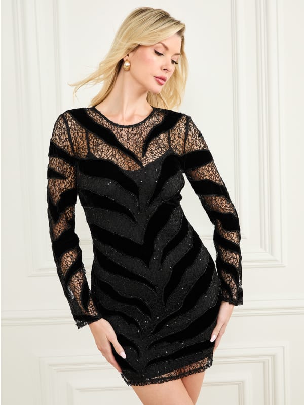 Vestido Guess Amber De Lentejuelas Y Encaje Negro Vestido Largo De Noche