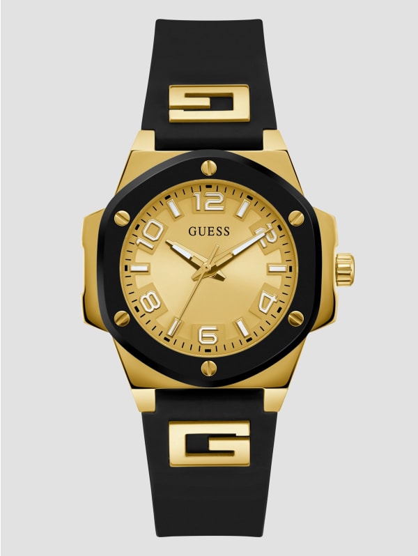 Gold-Tone and Black Silicone Analog Watch | GUESS