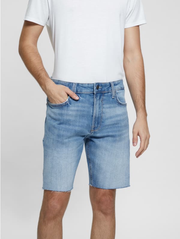 【YOURNUS】Grease Damage Bermuda Denim DGHM-JLMY Men's Elastic Waist Ripped Denim Shorts Raw Hem