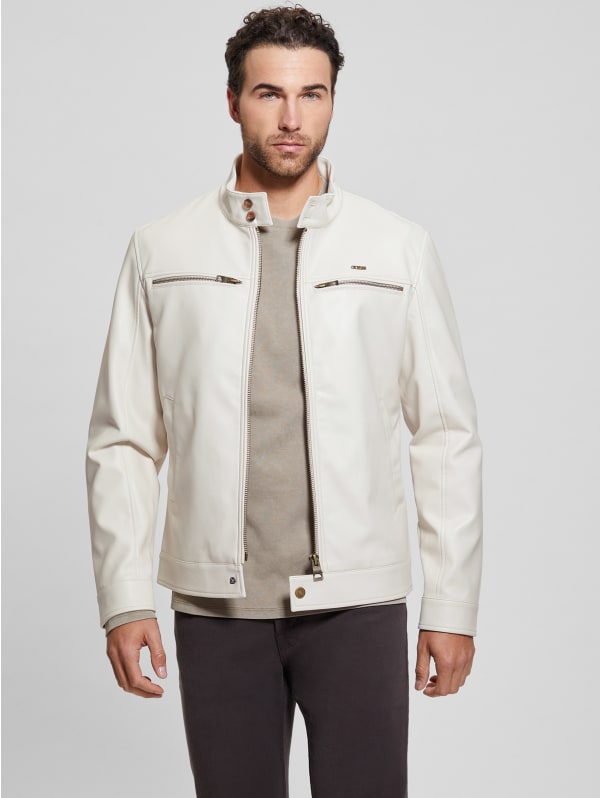 Men White Tuxedo Leather Jacket Top Layer Cowhide Short Slim