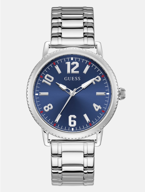 Silver-Tone and Blue Analog Watch | GUESS Factory Silver-Tone and Blue Analog Watch | GUESS Factory