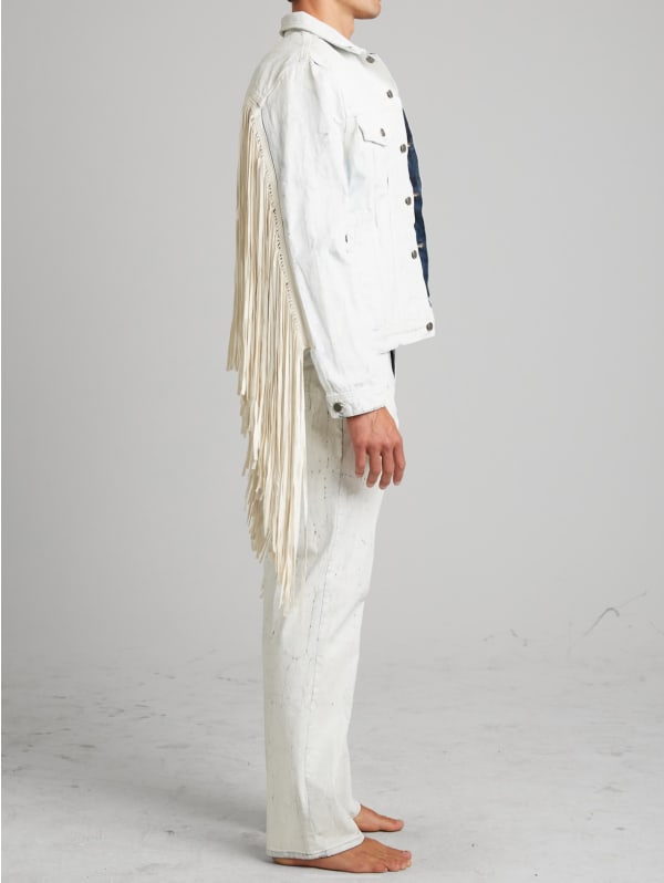 【FULL OF SSUN】Circle Denim Jacket (White) R600 Painted Denim Fringe Jacket | GUESS