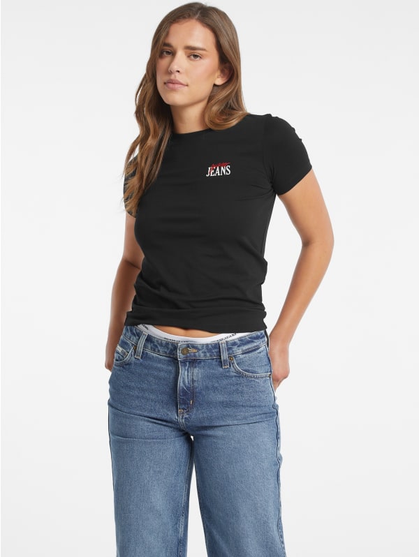 ★GLOWNY★ LUSH SWIRL MODAL TEE BLACK GY25LWTS003BK Slim Logo Tee | GUESS