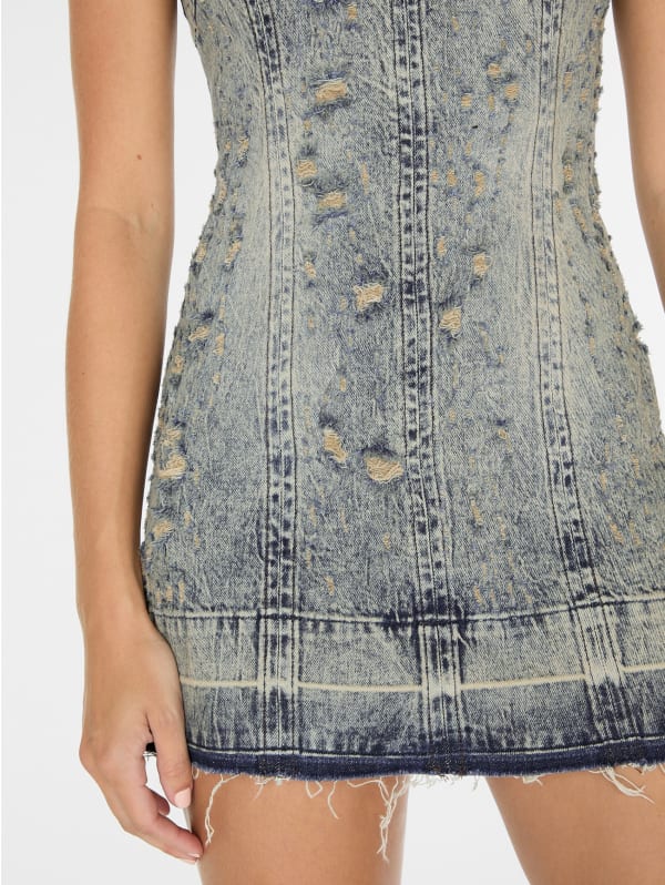 ショルダーパッド入り★ミニワンピース★ DOLCE & GABBANA distressed mini denim dress | GUESS